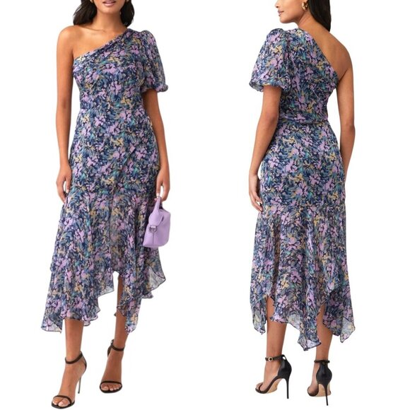 ASTR the Label - Women’s ‘Santorini’ Floral Maxi Dress Asymmetric, Purple Small - Picture 1 of 12
